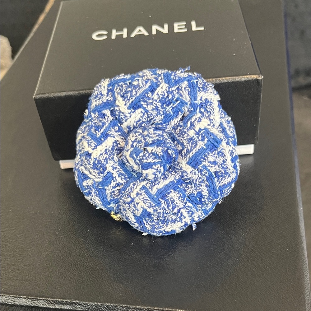 Blue and White Tweed Brooch